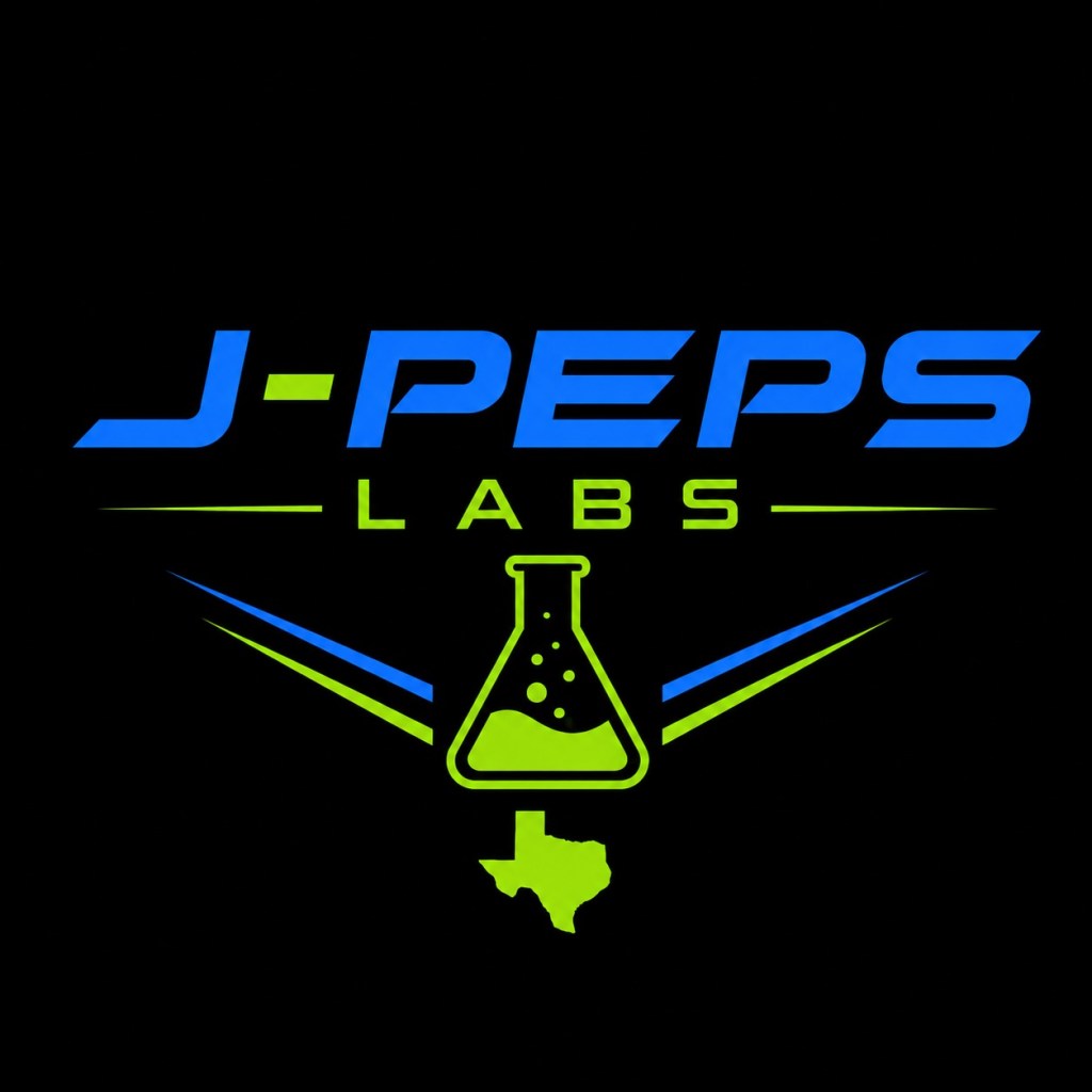 Logo for J-PEPS Labs featuring a blue and green color scheme, with a flask icon and a Texas silhouette.